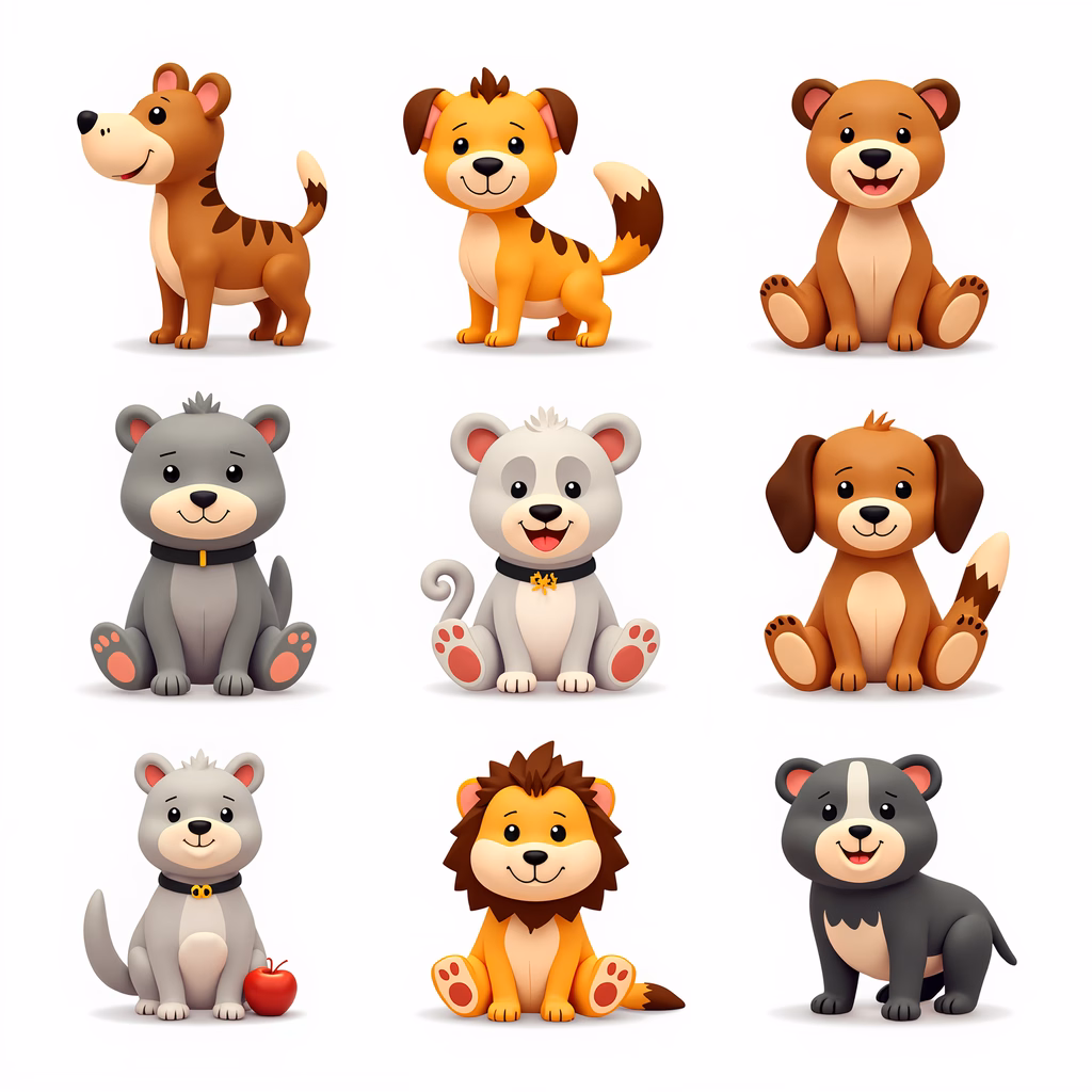 A set of cute cartoon animals in bright, warm colors.