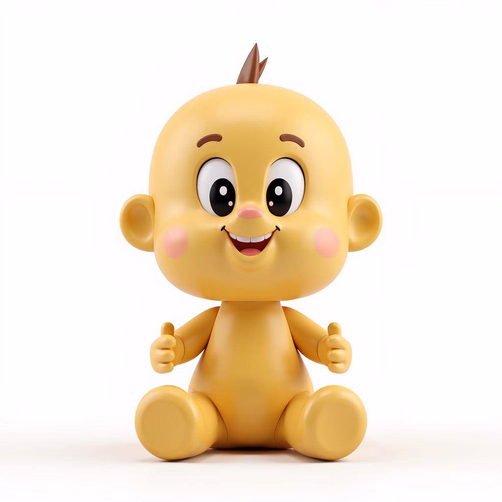 A cute cartoon baby giving a thumbs up against a white background.
