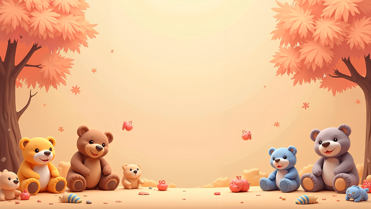 Cartoon bears enjoying a cozy autumn day filled with toys and gifts.