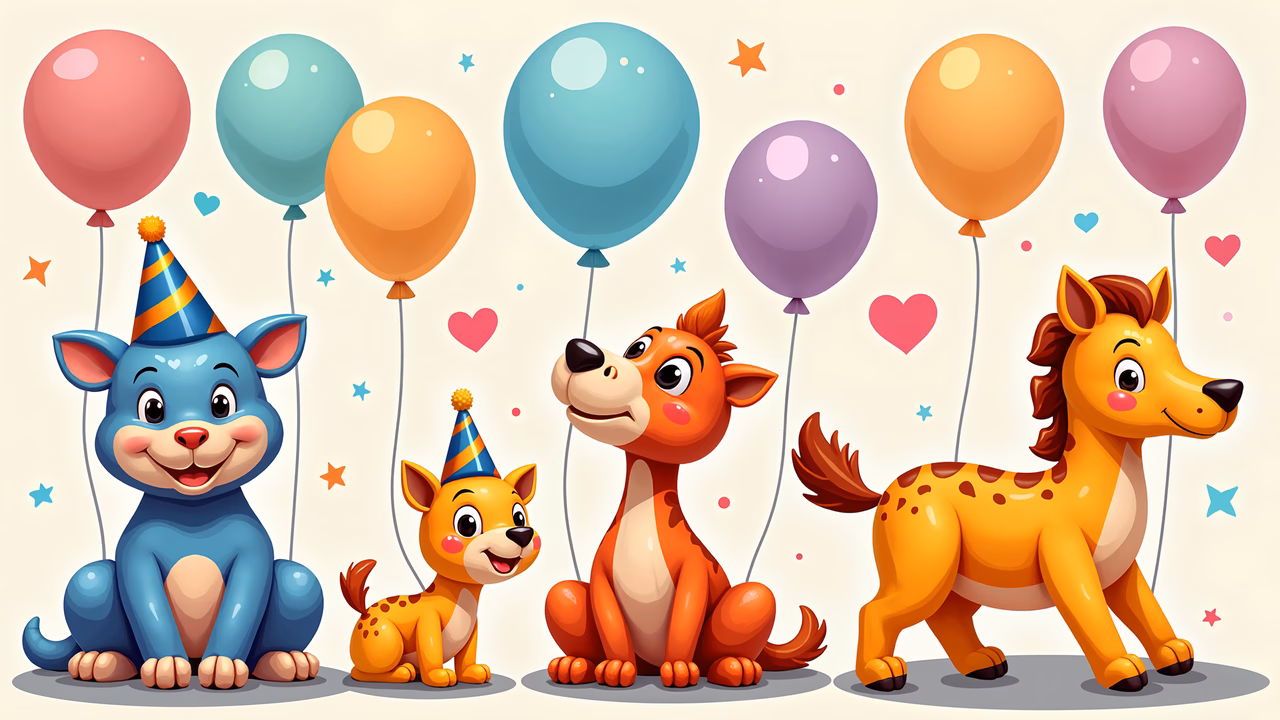 A joyful birthday party with animated animals and colorful balloons.