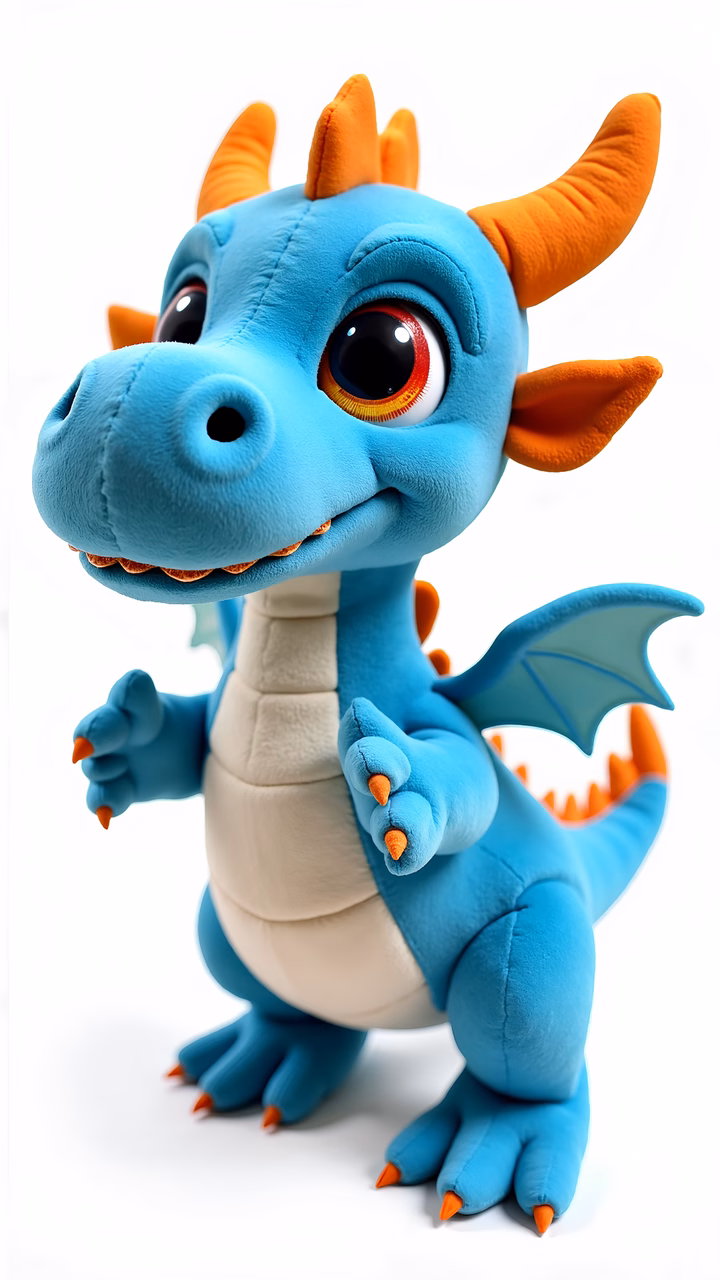A cute cartoon dragon plush toy designed for children, featuring bright colors and a soft texture.