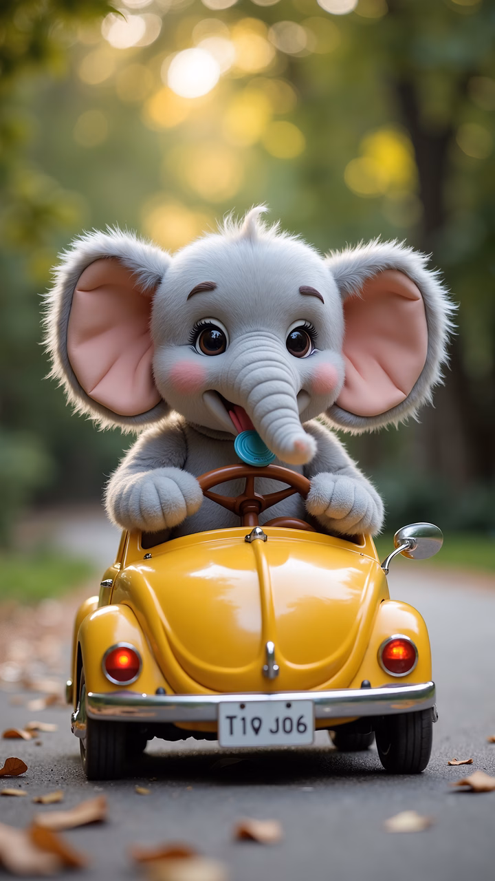 A cute cartoon elephant driving a toy car in a sunny forest setting.