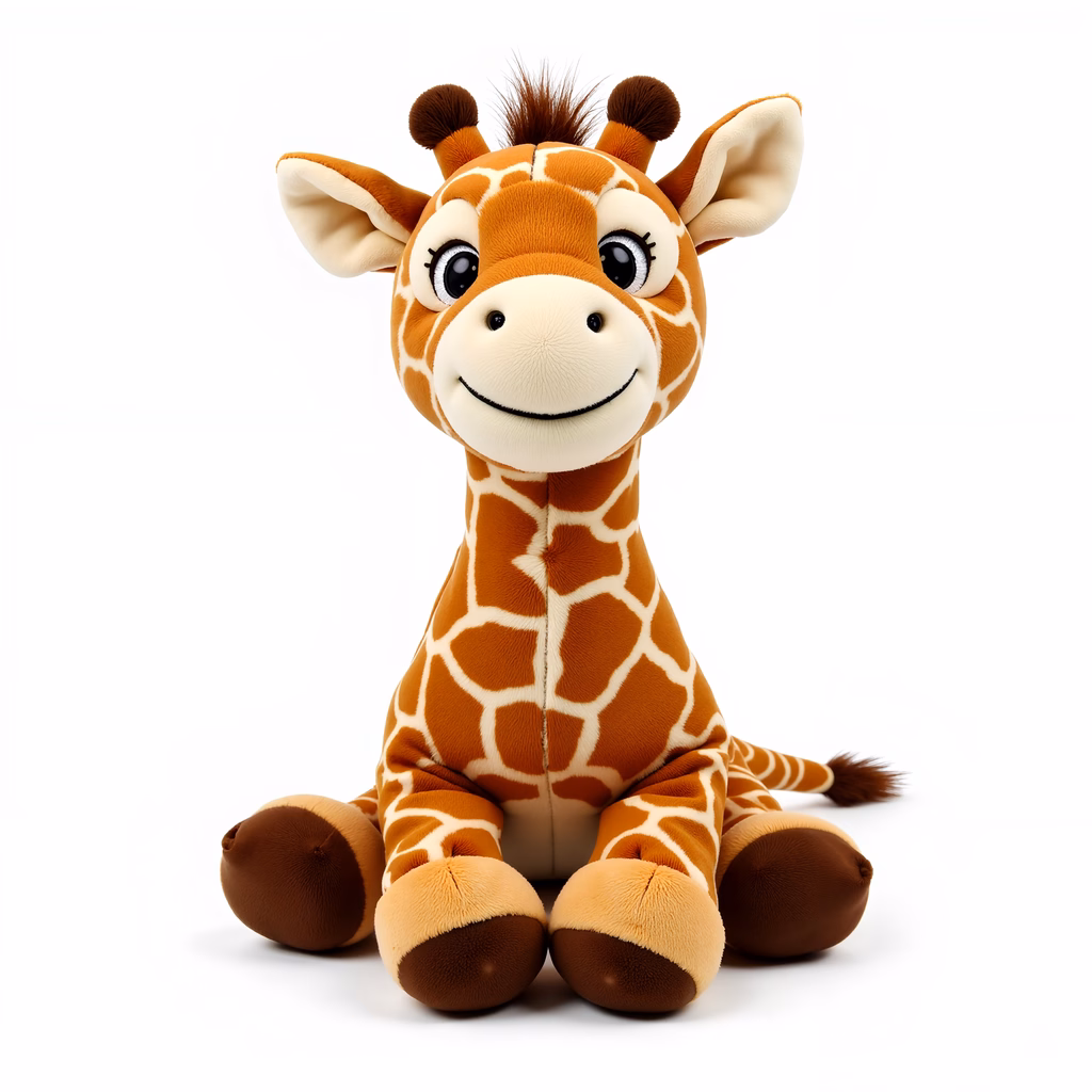 Cute cartoon giraffe plush toy with expressive eyes and friendly smile, ideal for kids and collectors.