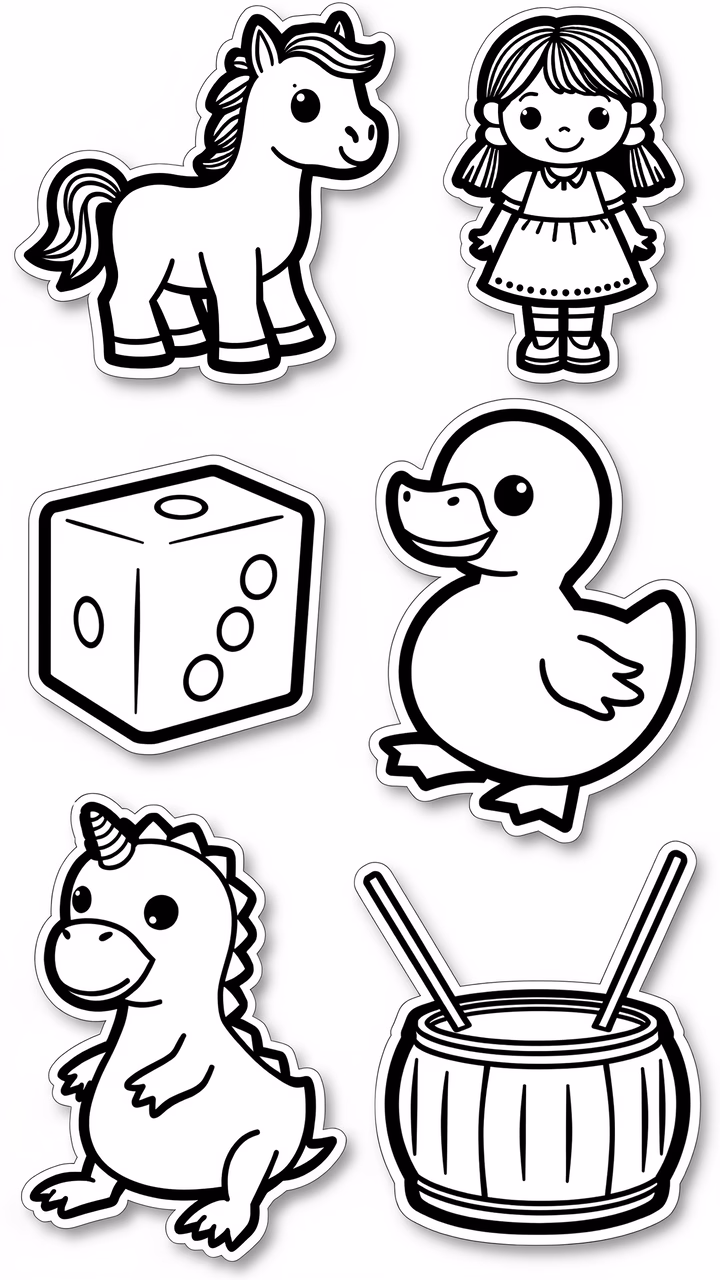 Cute black-and-white cartoon illustrations for kids featuring animals and objects.