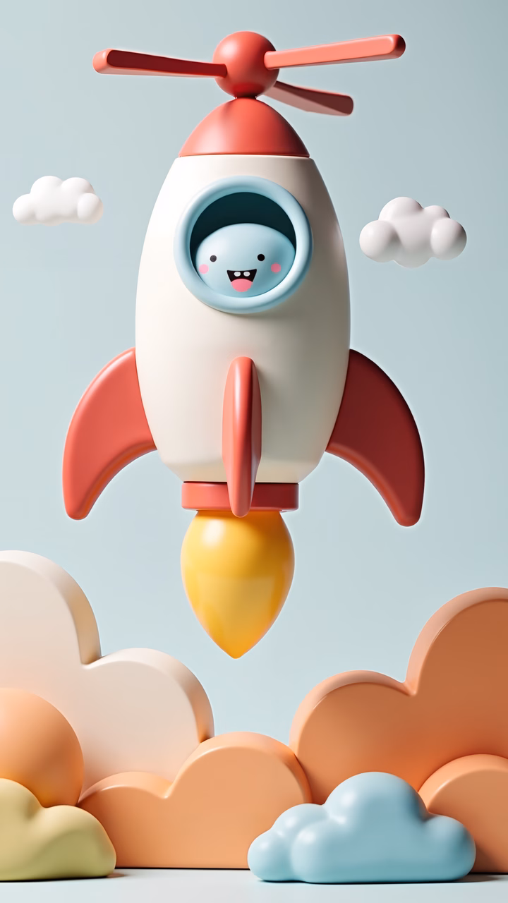 A cute cartoon rocket taking off amidst fluffy clouds, perfect for children's art.