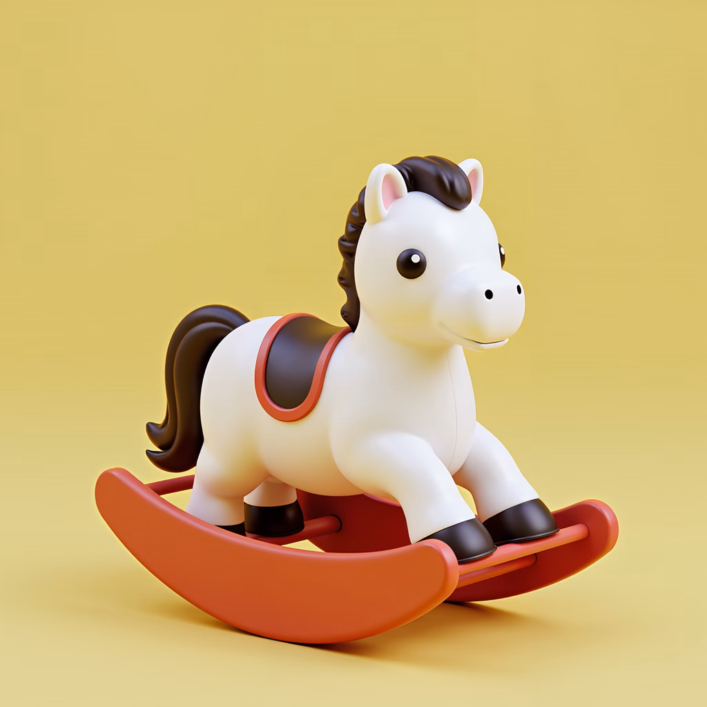 A cheerful cartoon rocking horse with a red saddle on a yellow background.
