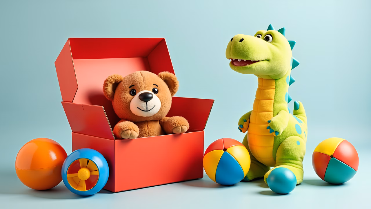 Cartoonish plush toys in a playful setting with colorful balls.