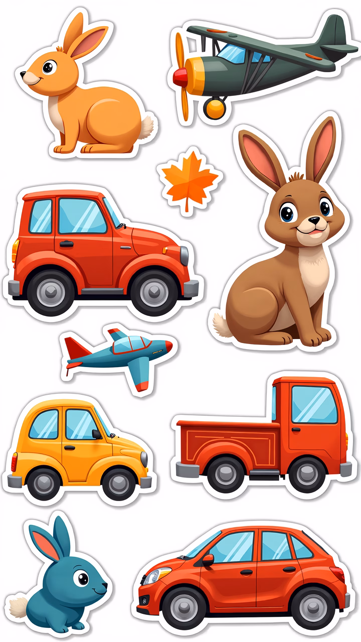 Brightly colored cartoon vehicles and animals for kids.