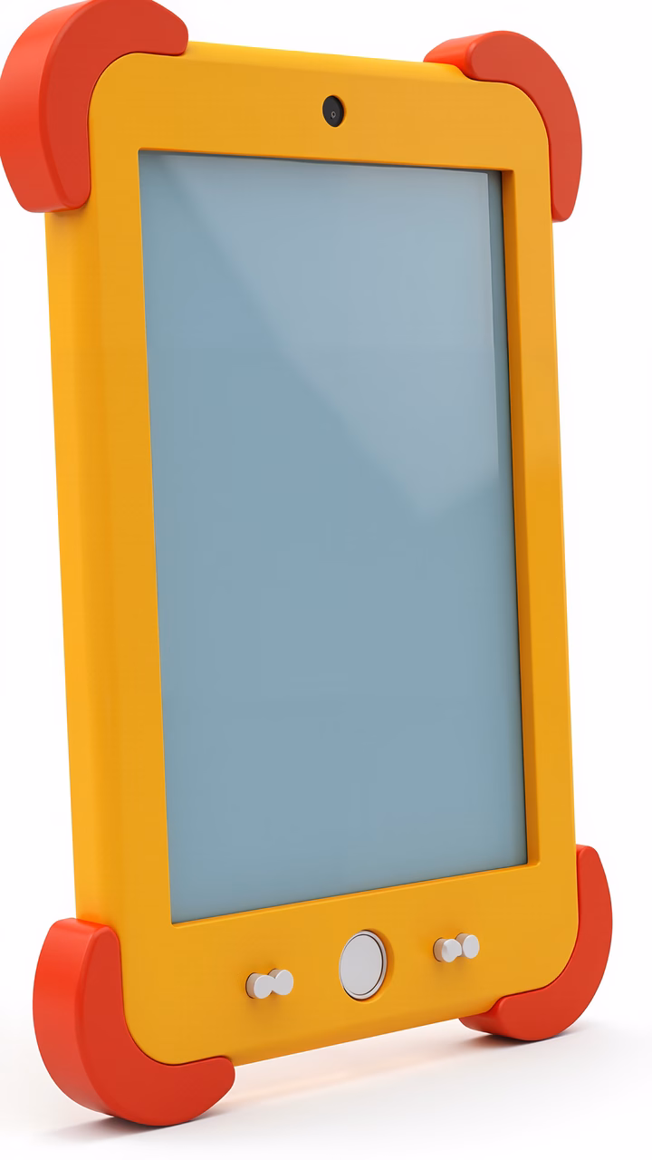 Brightly colored child-friendly tablet illustration.