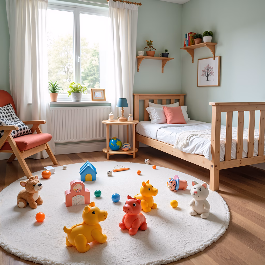 A cozy children's playroom with pastel walls, wooden furniture, and colorful toys.