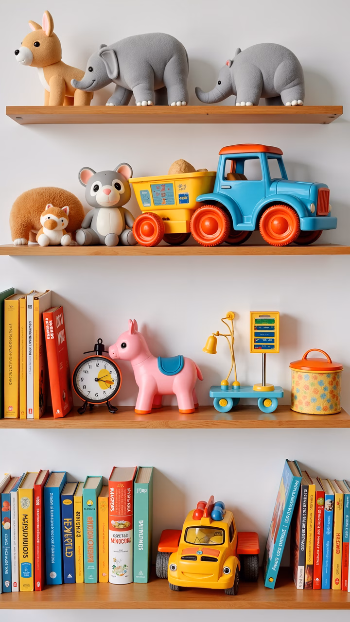 A delightful collection of children's toys and books displayed on shelves.