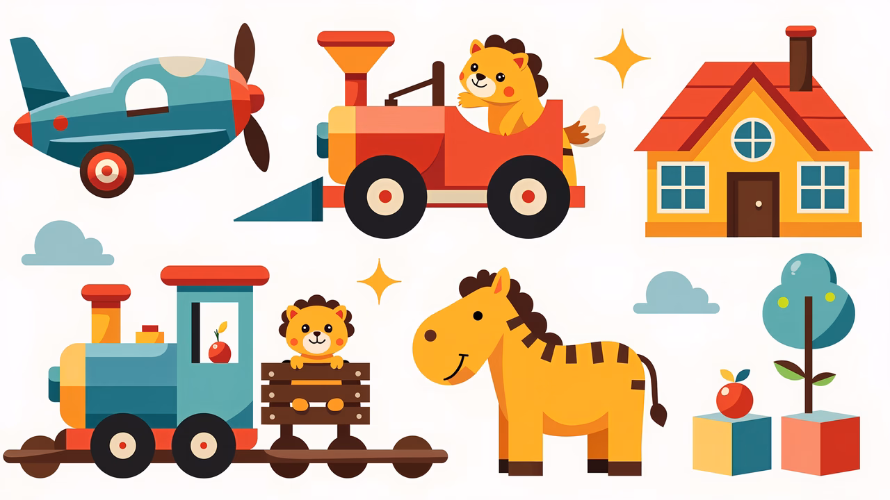 Brightly colored children's toys and animals in a fun, whimsical setting.