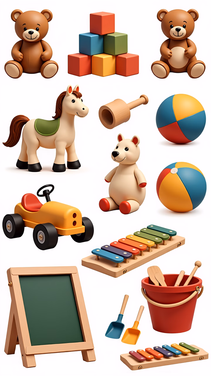 Brightly colored children's toys in a playful illustration.