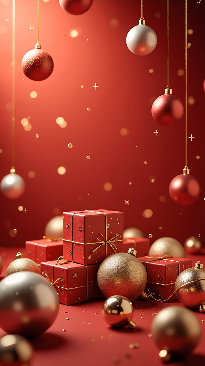 Vibrant red Christmas illustration with golden ornaments and gifts.