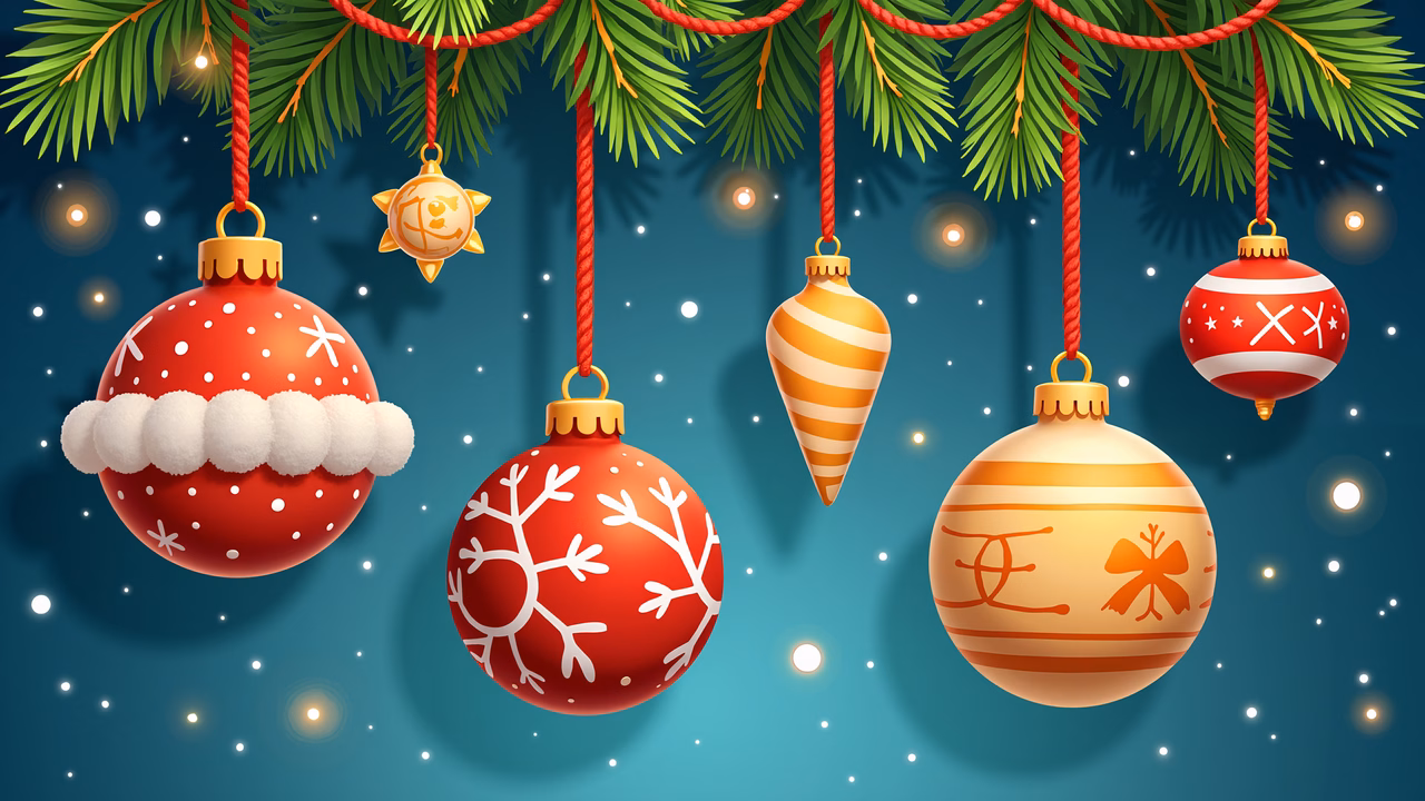 Festive Christmas ornaments hanging under a starlit sky, perfect for holiday celebrations.