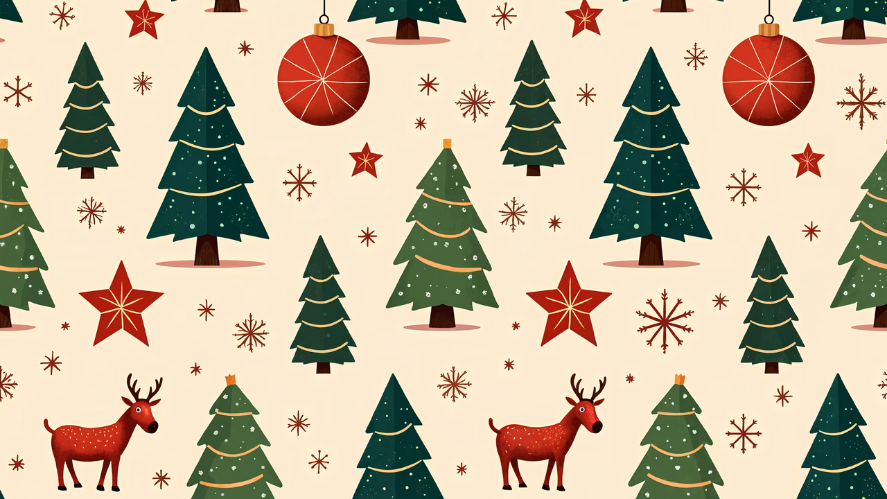 A joyful Christmas pattern with trees, ornaments, and reindeer on a beige background.