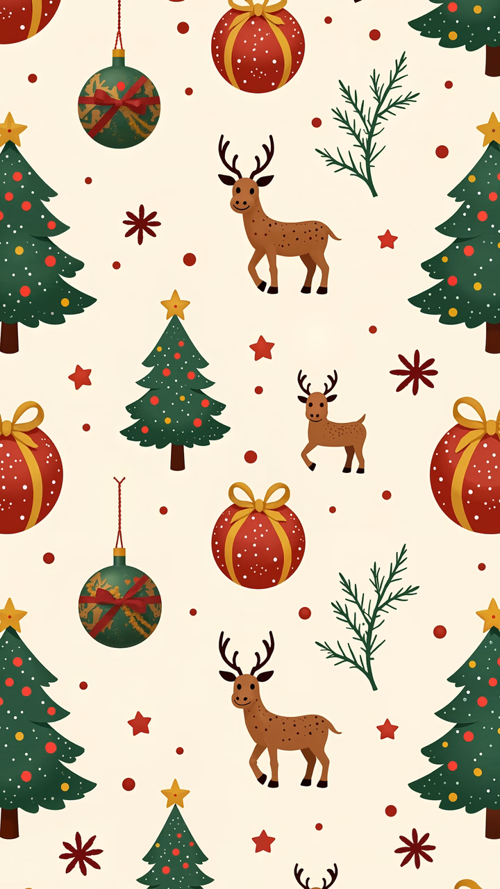 Festive Christmas pattern with trees, reindeer, and ornaments on a beige background.