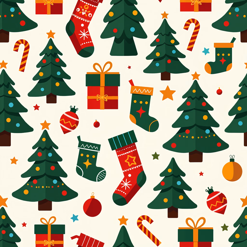 Vibrant Christmas pattern featuring trees, stockings, and ornaments.