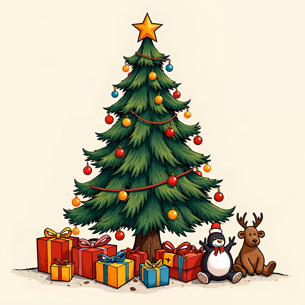 A cheerful Christmas tree surrounded by gifts and two adorable animals.