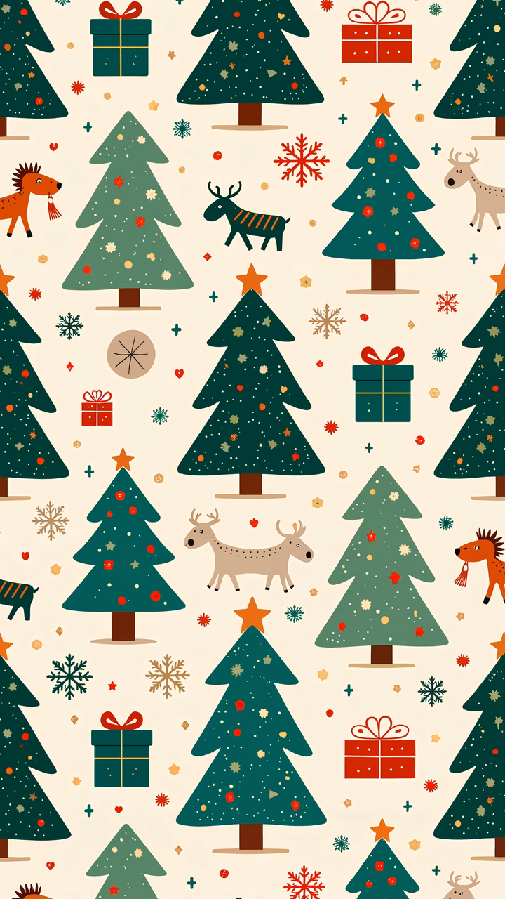 A cheerful Christmas tree pattern with reindeer and gifts.