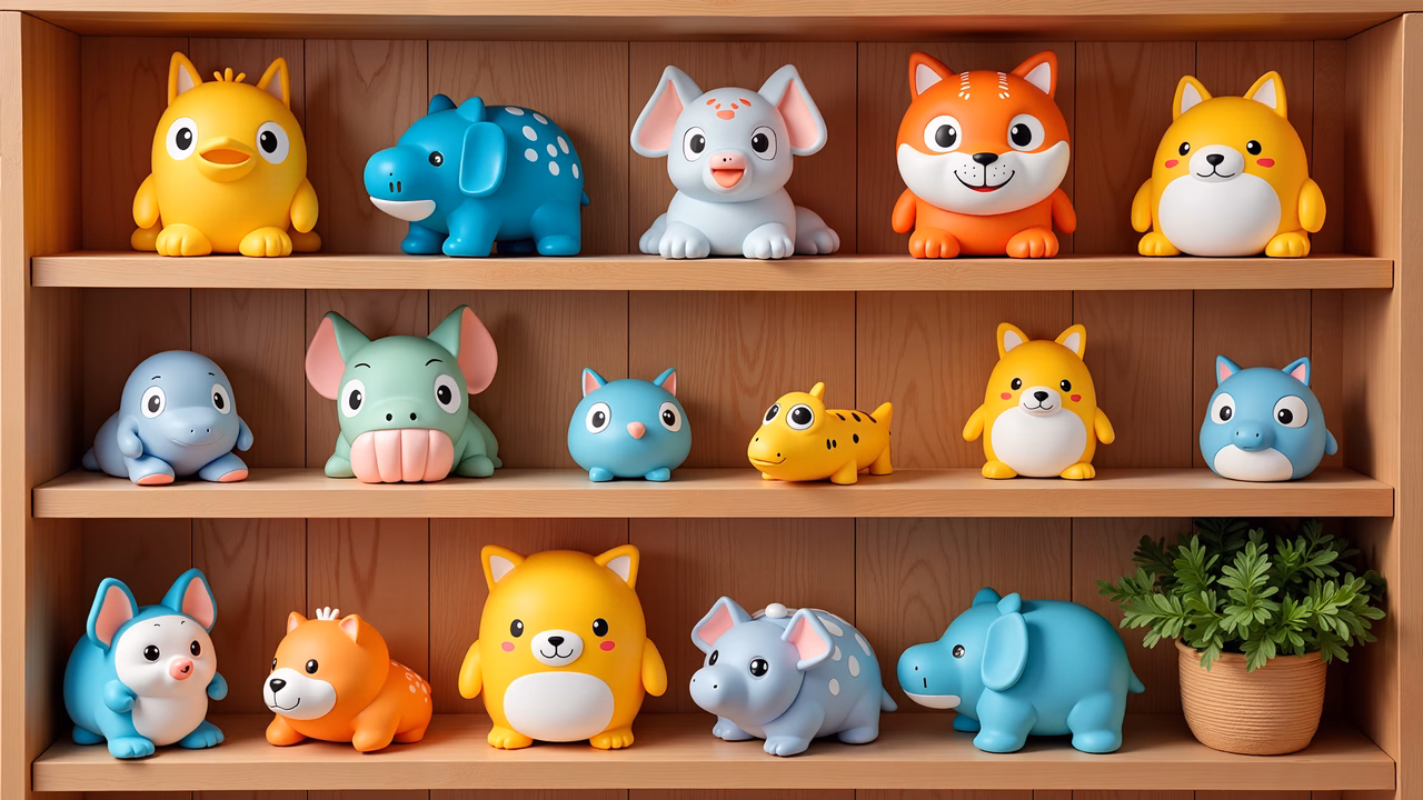 Brightly colored animal figurines arranged on wooden shelves, perfect for children’s decor.
