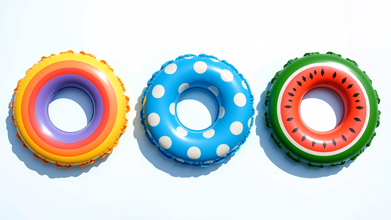 Brightly colored inflatable floats for summer fun.