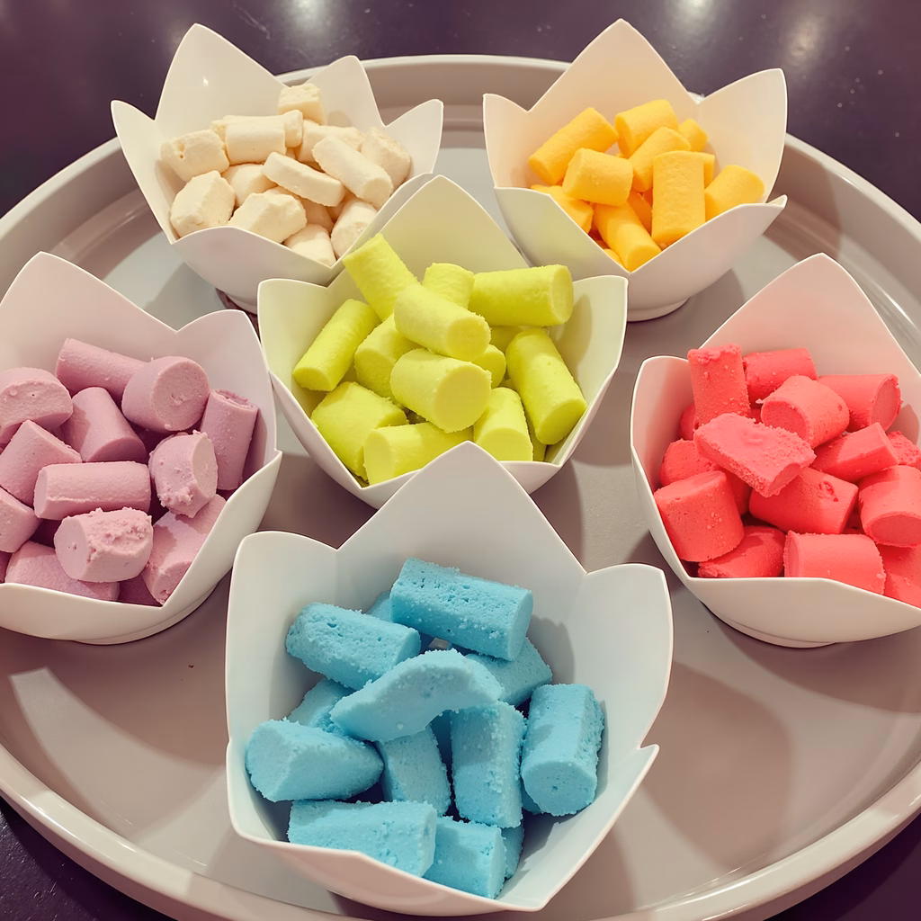 Vibrant marshmallows in various colors arranged in paper cups on a tray.