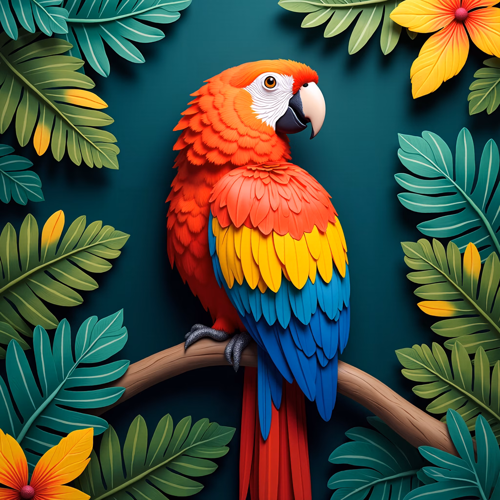 Vibrant parrot illustration with tropical foliage and flowers.