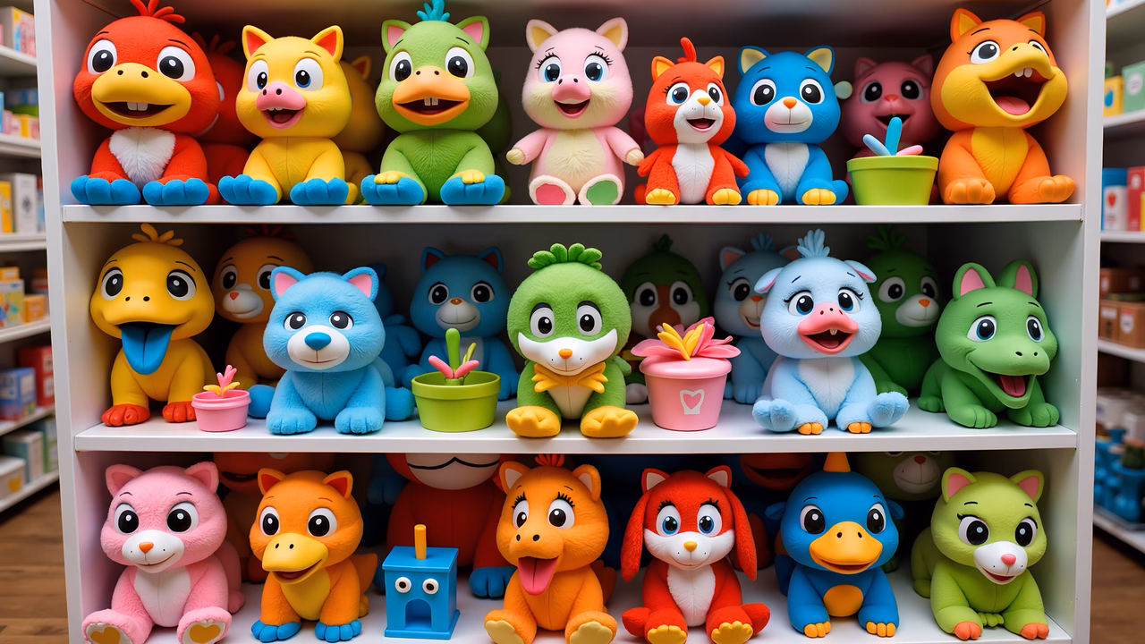 Brightly colored plush toys arranged on shelves, creating a playful and inviting atmosphere.