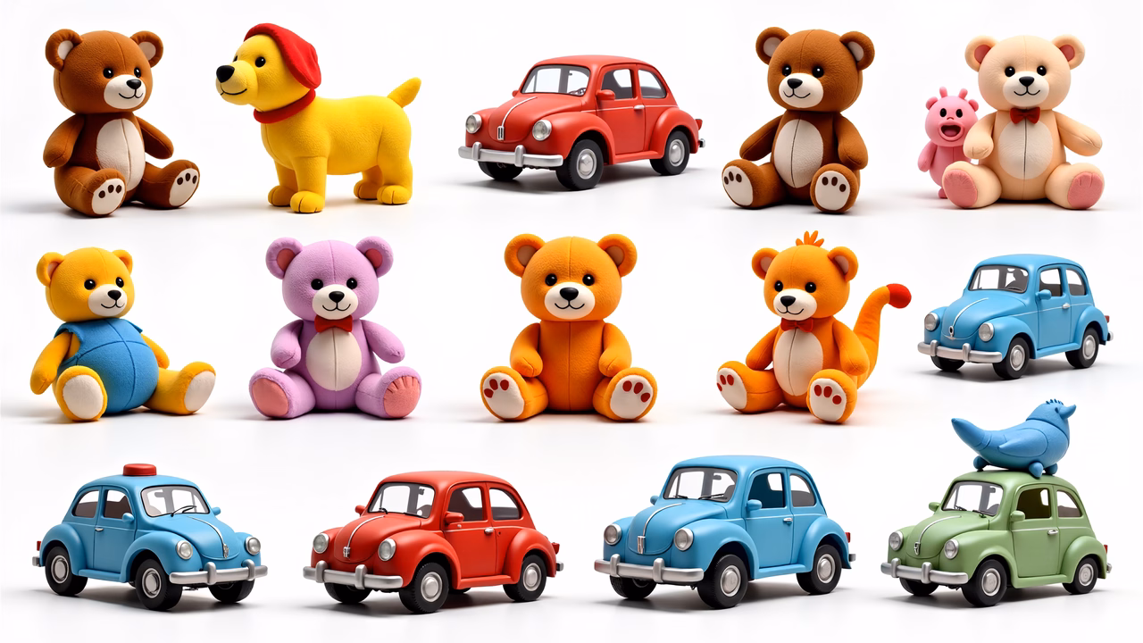 Brightly colored toy bears and cars create a fun and nostalgic scene.