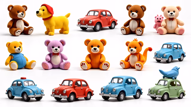 Colorful Toy Bears and Cars