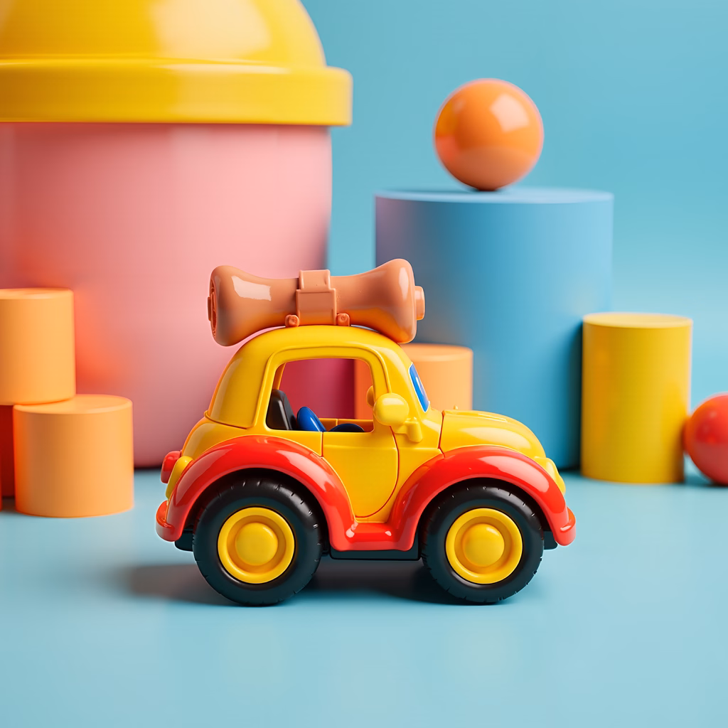 Brightly colored toy car surrounded by geometric shapes, evoking childhood joy.