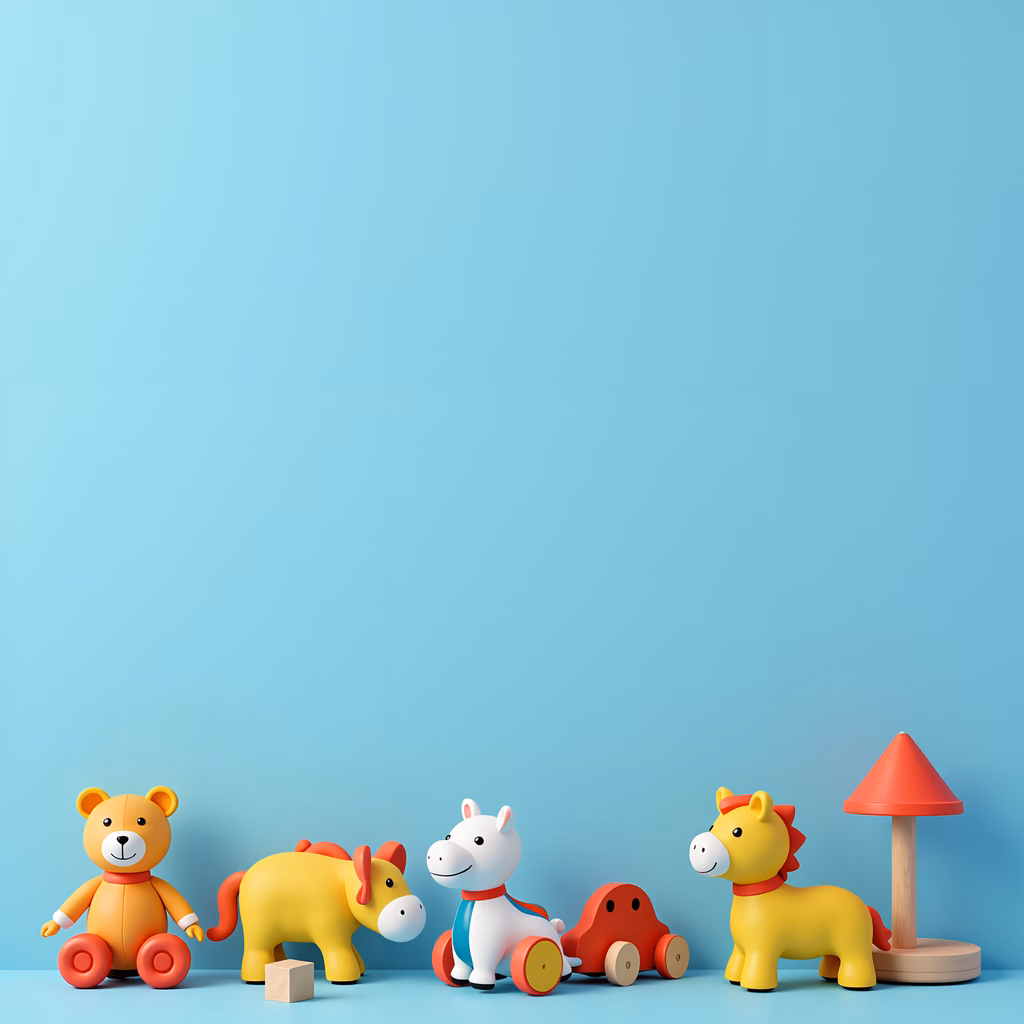 Brightly colored toy animals on wheels against a calm blue background, ideal for children's spaces.