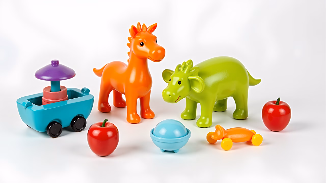 Brightly colored toys set against a white backdrop, perfect for children’s play.