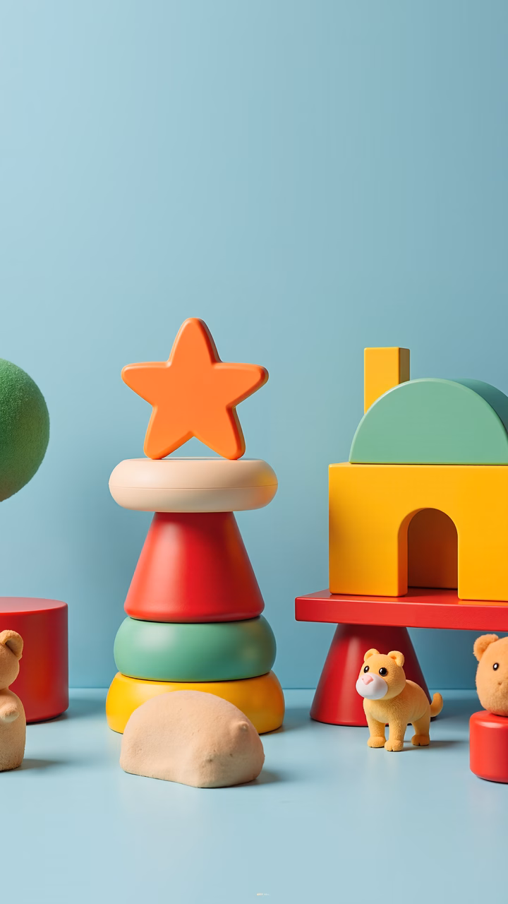 Brightly colored toy blocks and shapes create a joyful and creative scene.