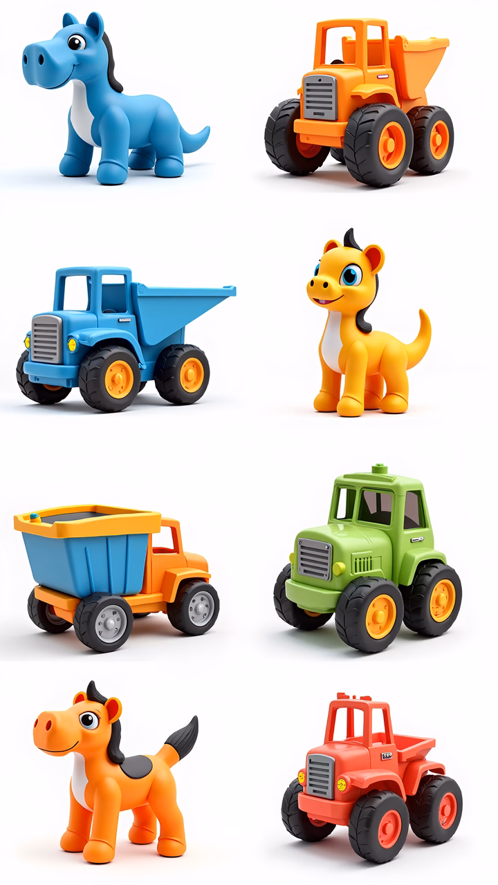 Brightly colored toy vehicles arranged in a grid, perfect for children's playtime.