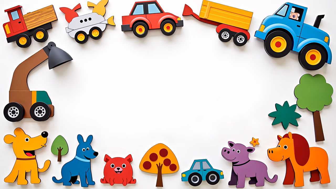 Brightly colored toy vehicles and animals create a joyful children's illustration.