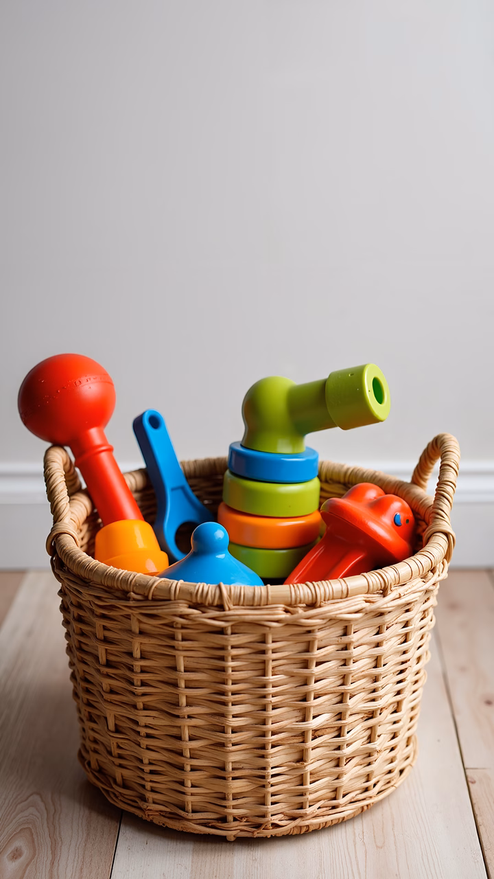 Brightly colored toys in a woven basket, perfect for children's playtime.
