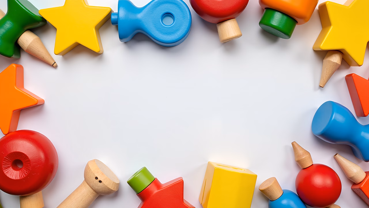 Brightly colored wooden toys arranged in a circular frame on a white background.
