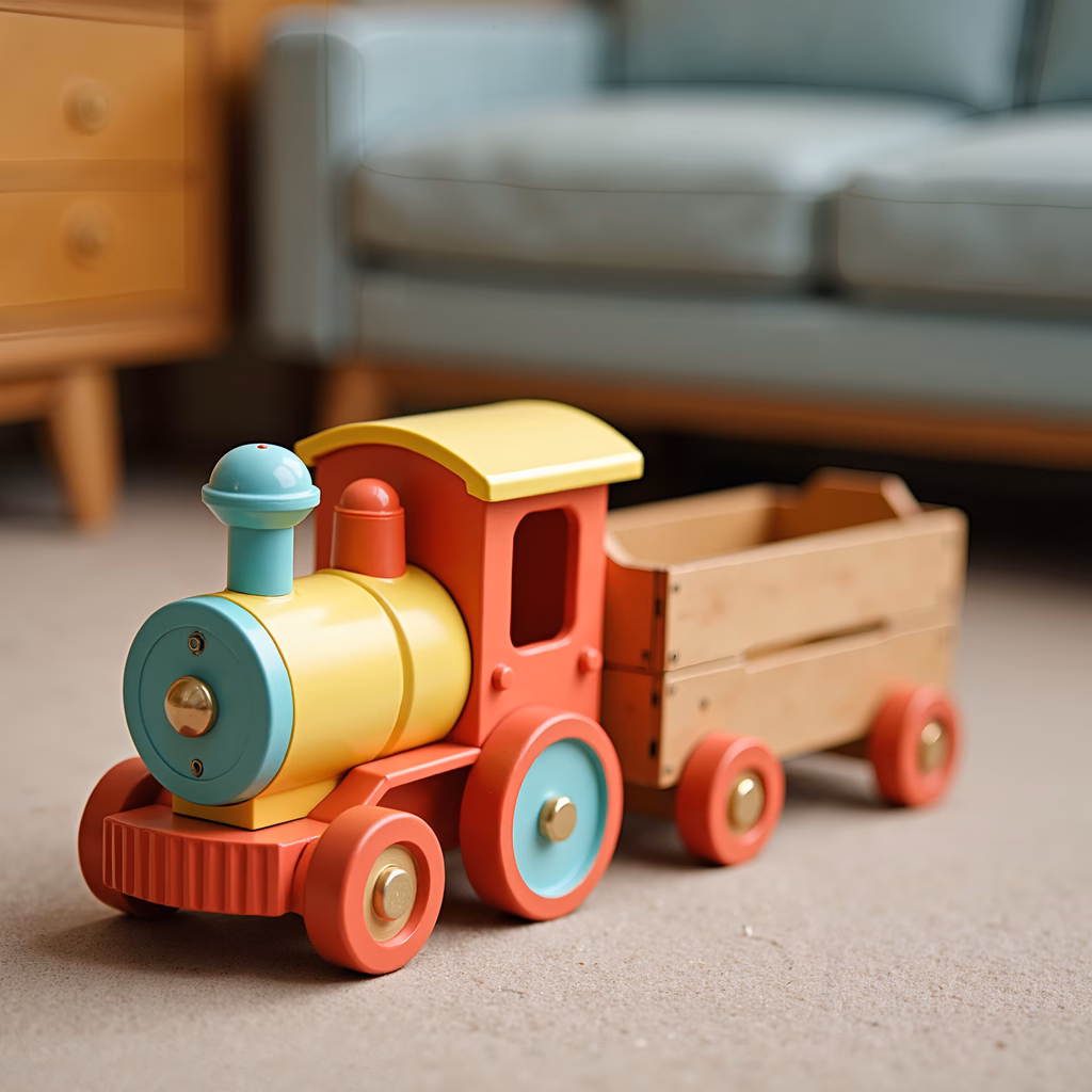 Brightly colored wooden toy train, playful and nostalgic.