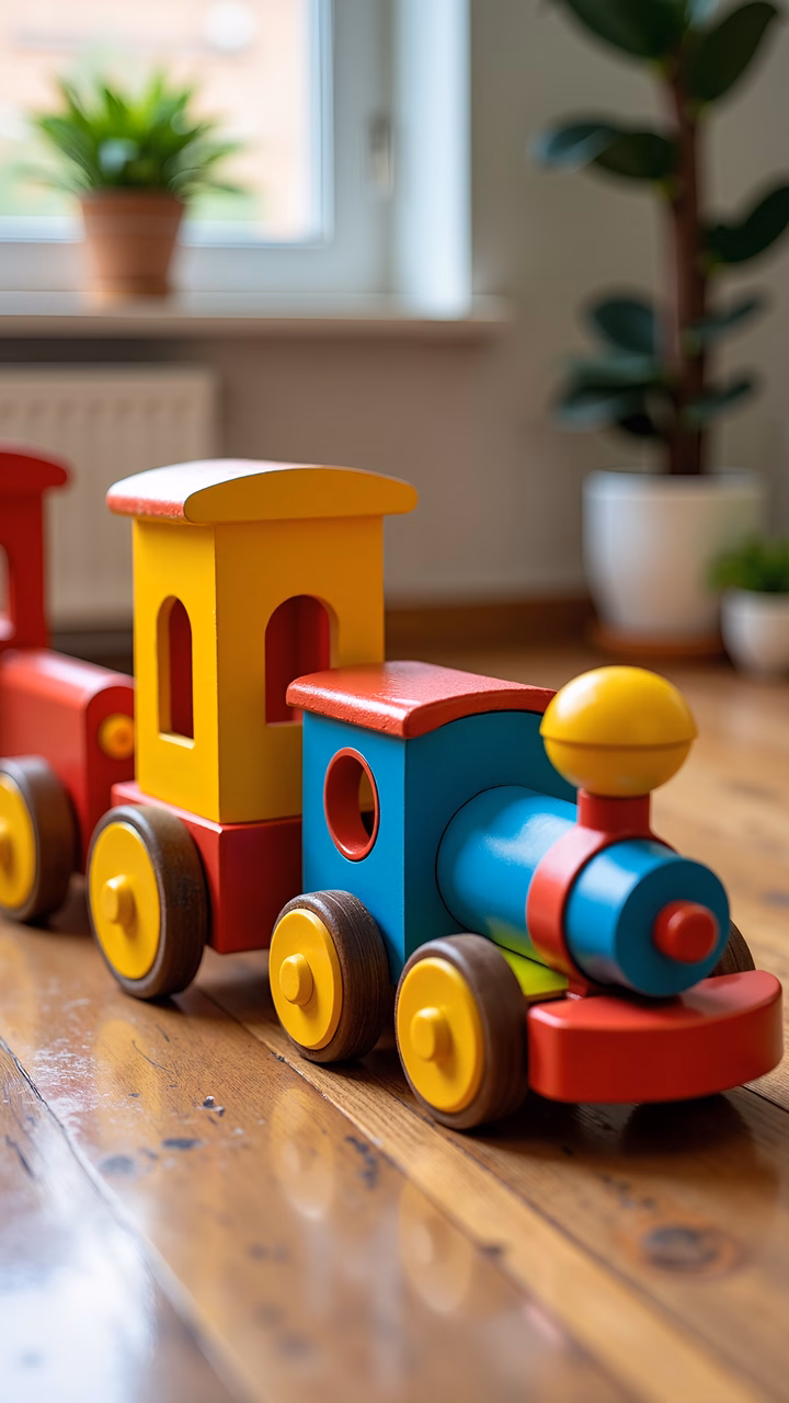 Brightly colored wooden train set on a polished wooden table, surrounded by greenery.