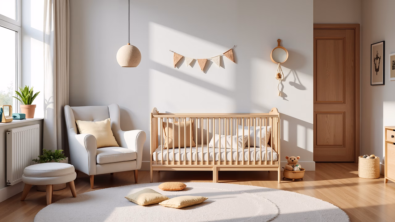 A cozy and stylish baby nursery with natural light and neutral tones.