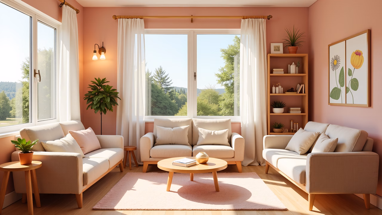 A cozy pastel living room with neutral furniture and soft lighting, perfect for relaxation.