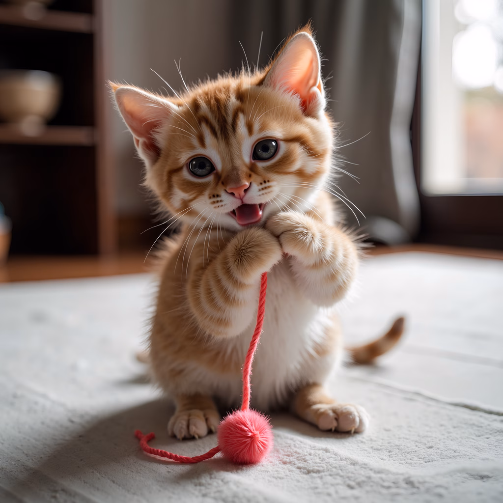 A cute kitten playing with a red string toy, capturing the playful spirit of pets.