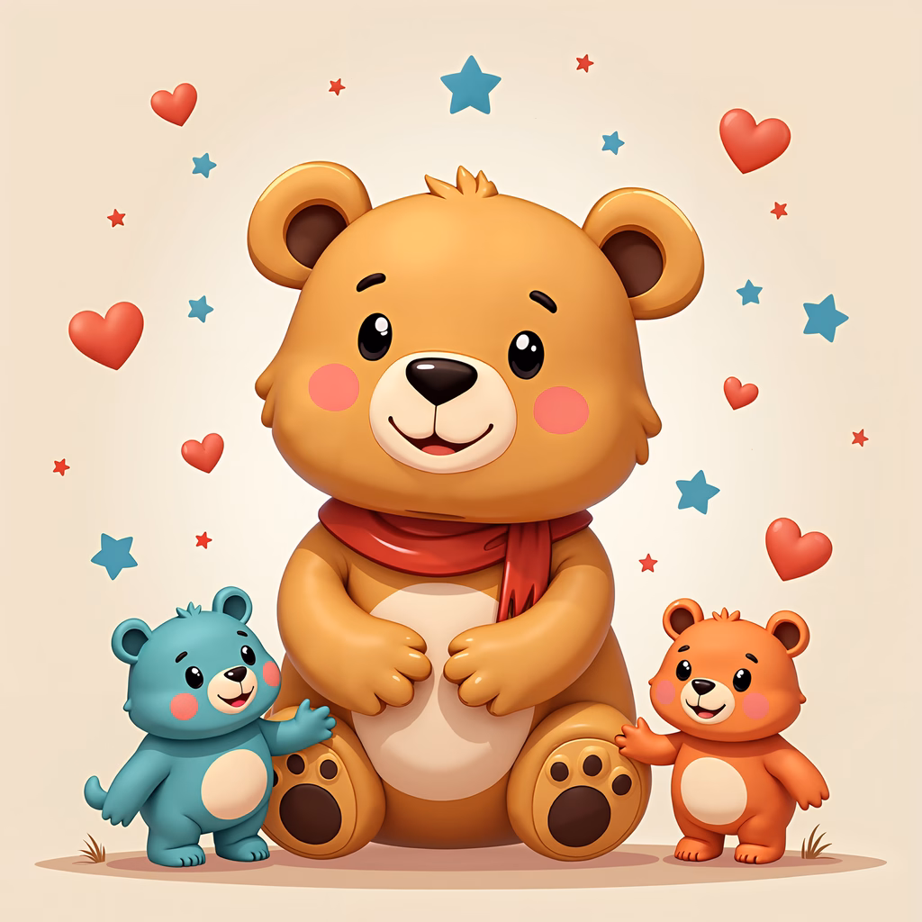 A heartwarming illustration of a bear family with colorful details and a playful vibe.