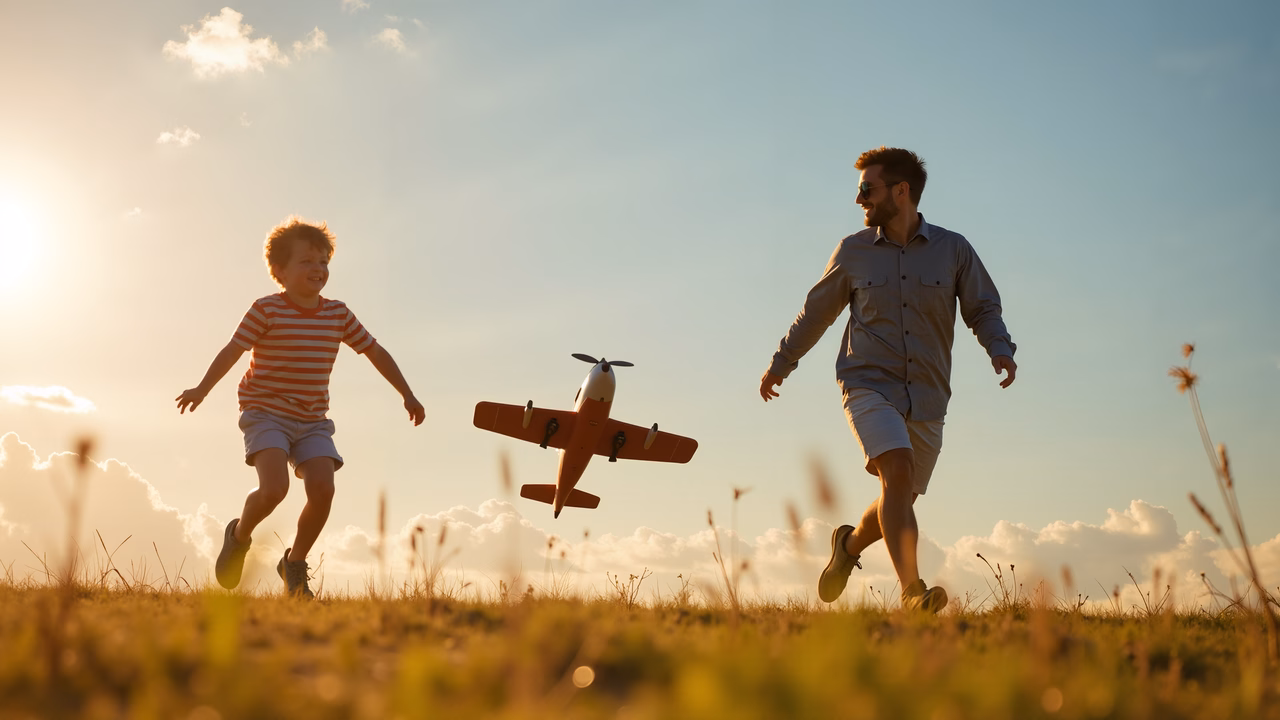 A father and son play with a toy airplane, enjoying each other's company under a beautiful sunset sky.