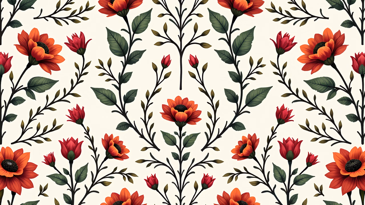 Vibrant floral illustration with sunflowers and botanical details on a beige background.