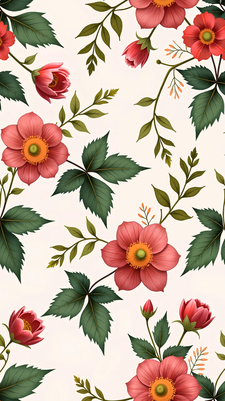 Detailed botanical illustration with vibrant pink flowers and lush green leaves on a beige background.