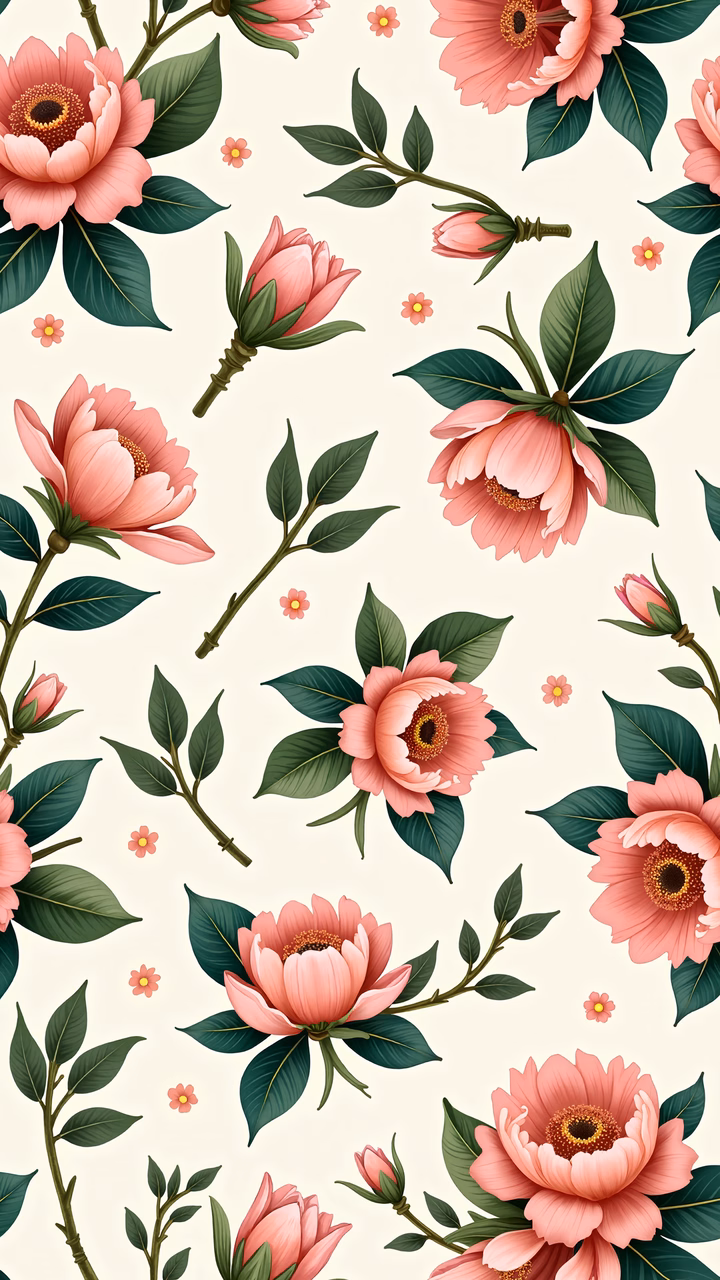 Vibrant floral illustration with pink flowers and green leaves on a beige background.