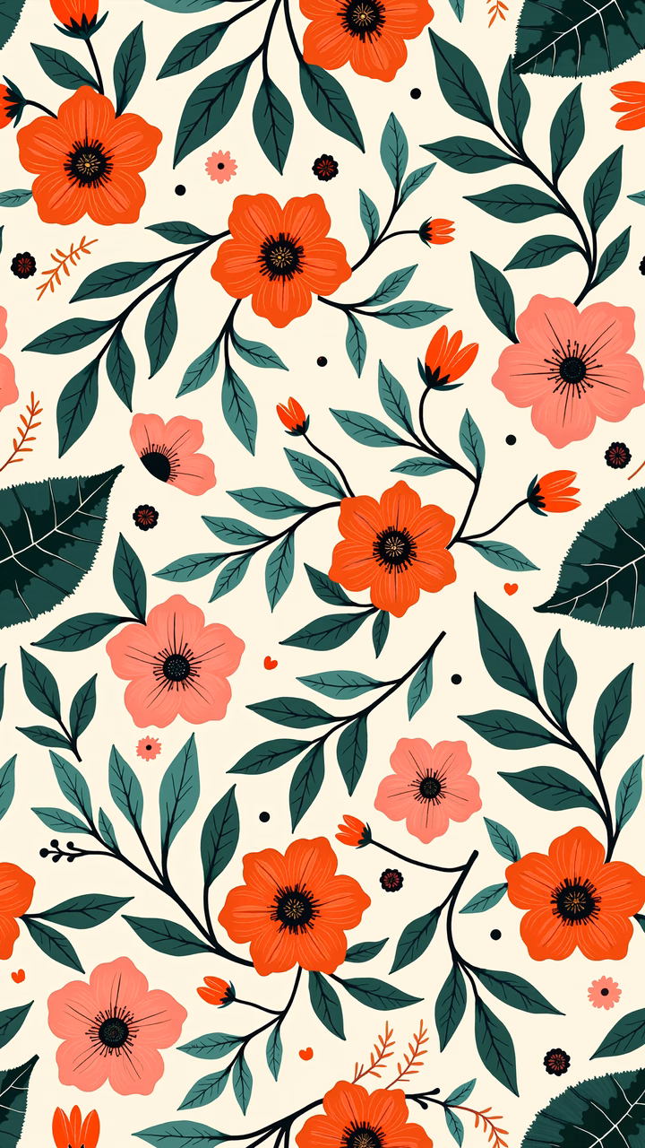 Vibrant floral illustration with bold red and pink flowers on a light beige background.